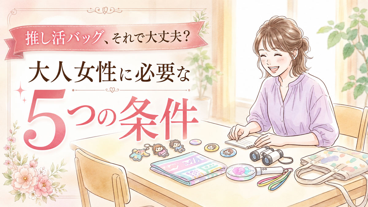 カラフルなグッズや双眼鏡をテーブルに広げて推し活の準備をする女性のイラスト