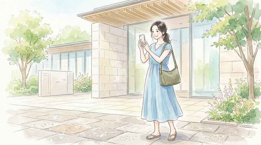 ビサイユの軽量ナイロンバッグを上品な装いの女性が斜めがけしているイラスト