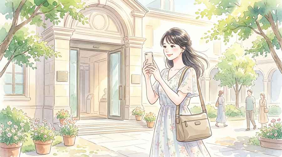 美術館の展示前で上品なナイロンバッグを肩にかけてスマホを構える女性のイラスト