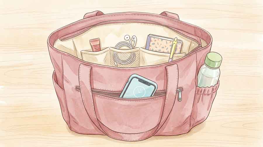 軽量ナイロンバッグの機能的なポケット構造を紹介するイラスト