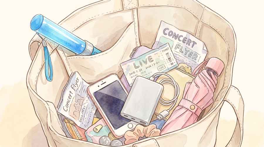 推し活グッズやペンライト・モバイルバッテリーが散らばった鞄の中身のイラスト