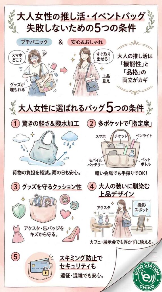 推し活バッグ、それで大丈夫?大人女性のイベントバッグに必要な5つの条件インフォグラフ