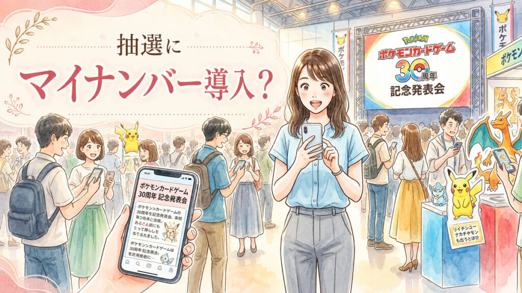 30周年記念ポケモンカードゲームのニュースに驚いて笑顔になる女性のイラスト