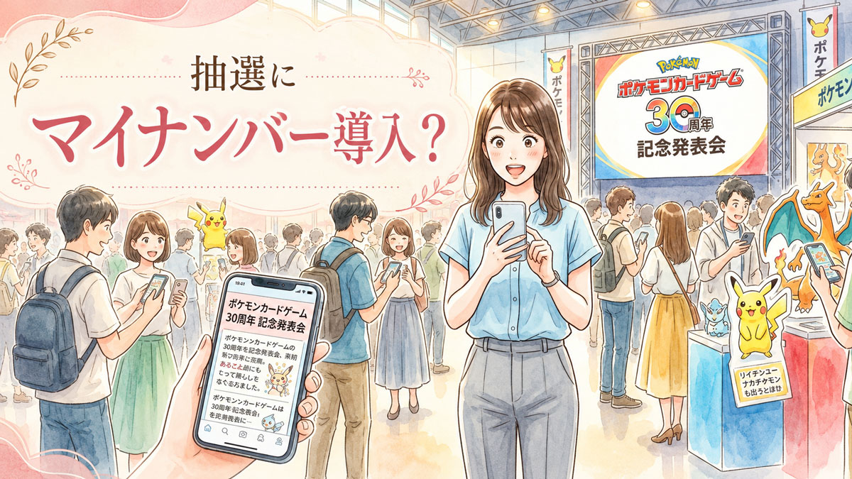 30周年記念ポケモンカードゲームのニュースに驚いて笑顔になる女性のイラスト