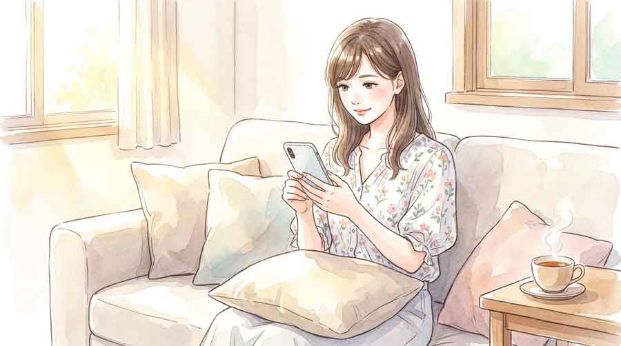 ポケモンセンターオンラインのサイトをスマートフォンで確認している女性のイラスト
