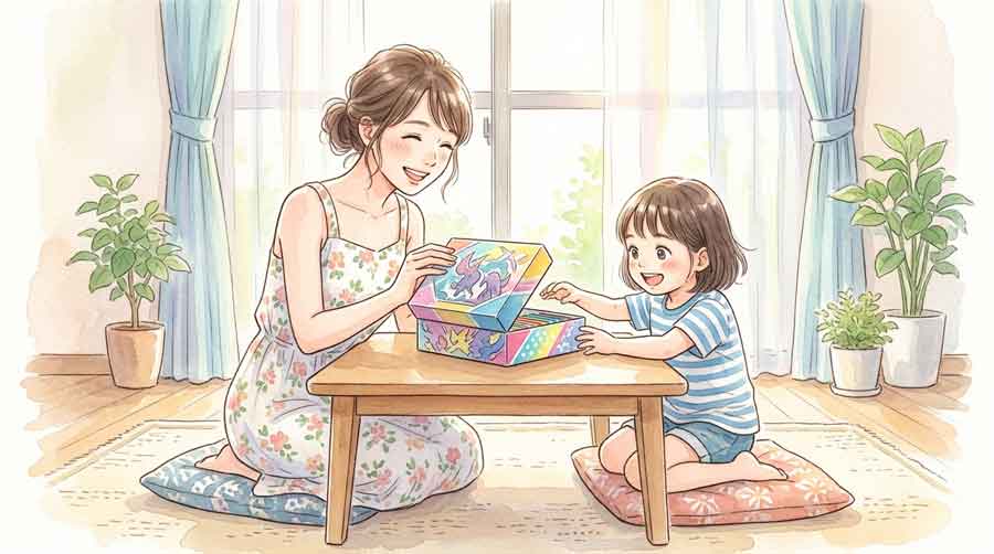  親子でポケモンカードゲームのプレミアムデッキセットを一緒に開封して楽しんでいるイラスト