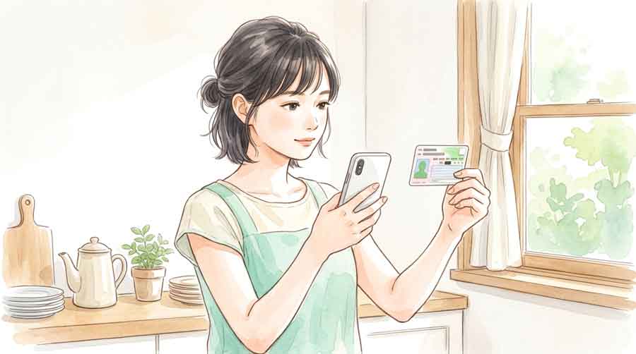 スマートフォンでマイナンバーカードのICチップを読み取ろうとしている女性のイラスト