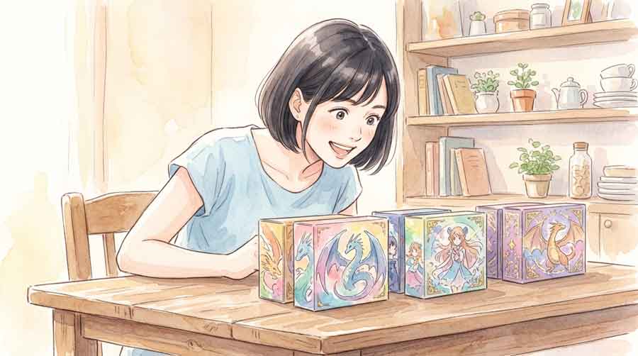 テーブルの上に並べられた30周年記念ポケモンカードゲームのボックスを見て興奮する女性のイラスト