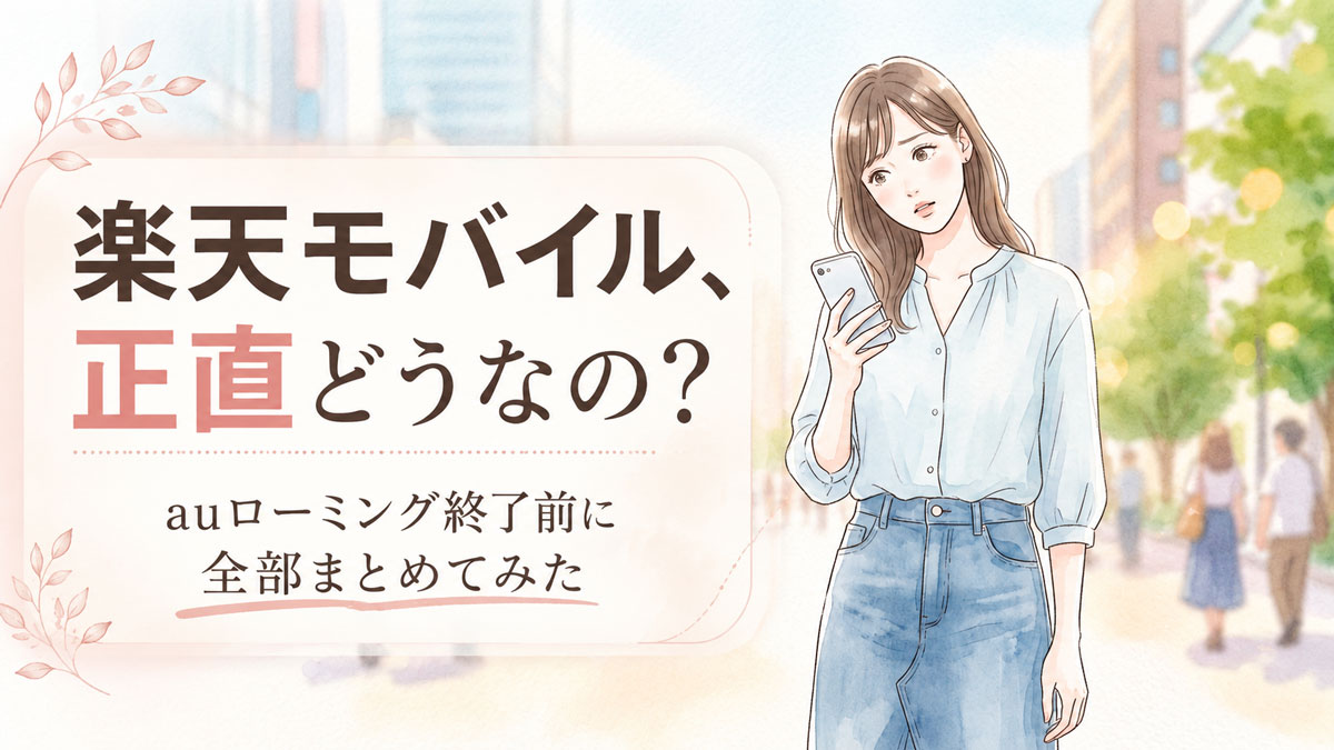 スマートフォンを手に首をかしげる女性のイラスト、通信品質を調べている様子