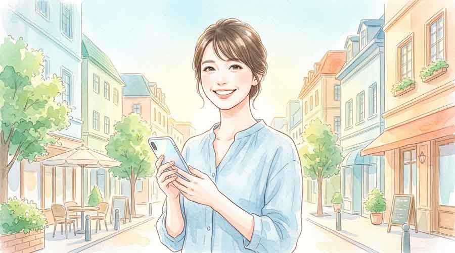  スマートフォンを持ちながら笑顔の女性、自分に合ったプランを見つけた様子