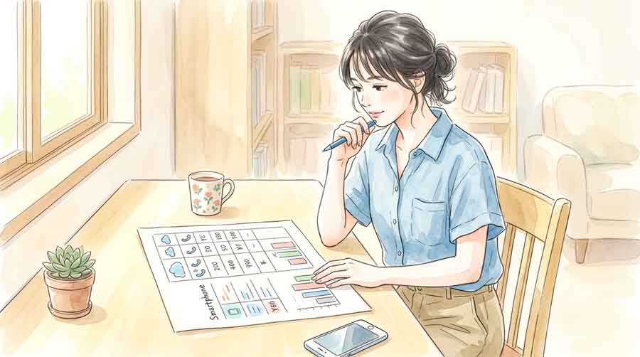 複数のスマートフォンプランの料金表を比較している女性のイラスト