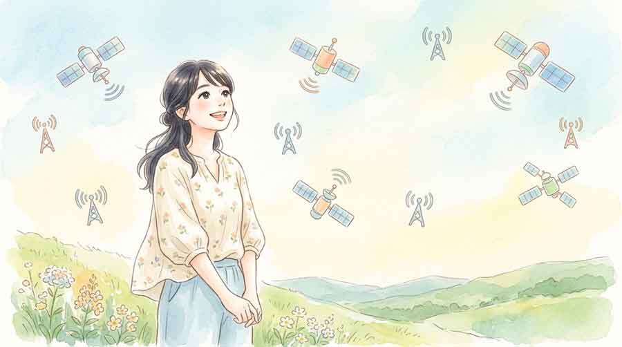 衛星と基地局のイラスト、次世代通信インフラを象徴するシーン