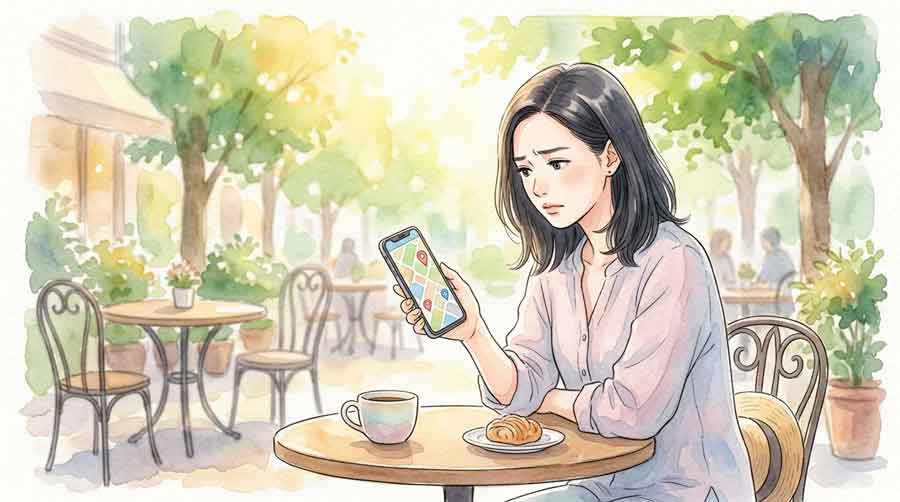 地図とスマートフォンを確認して不安そうな表情の女性、通信エリアを調べている様子