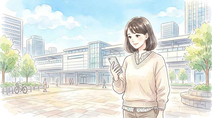 電波状況を確認するスマートフォンの画面と、安心した表情の女性