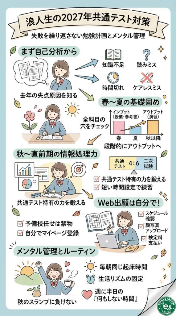 浪人生の2027年共通テスト対策|失敗を繰り返さない勉強計画とメンタル管理インフォグラフ