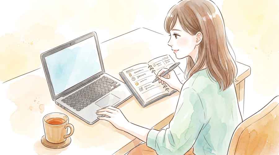 ノートパソコンの前でスケジュール帳を見ながら出願手続きを確認している落ち着いた表情の女性