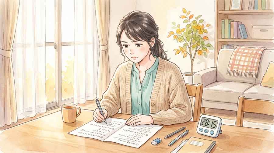 リビングのテーブルで過去問を解きながらタイマーをセットし時間を意識して取り組む女性