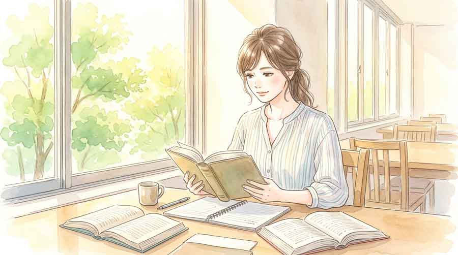 図書館の窓際席でテキストを読みながらノートにまとめている集中した様子の女性