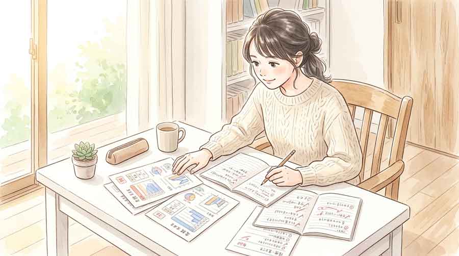 白いデスクに前年の模試の答案と成績表を並べ、メモを取りながら振り返っている女性