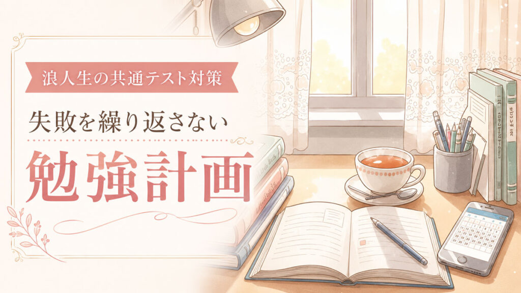 窓辺の受験生の机の上に参考書とハーブティーがのっている。受験生をイメージしたイラスト