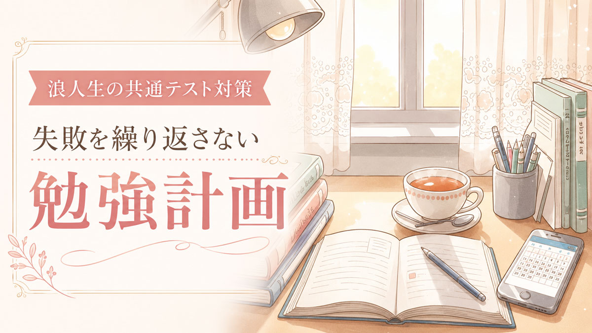 窓辺の受験生の机の上に参考書とハーブティーがのっている。受験生をイメージしたイラスト