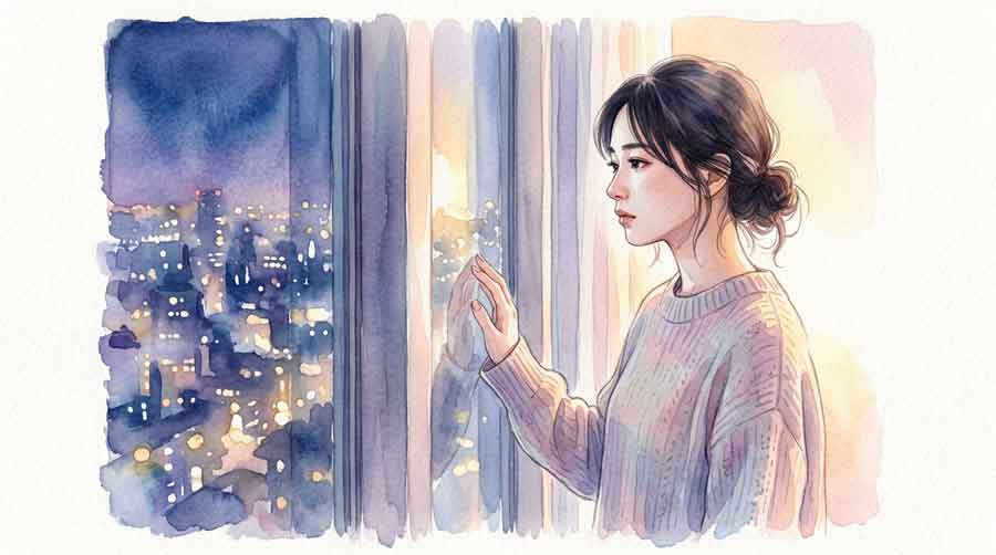 夏の夜景を背景に窓際で真剣に考えている知的な女性