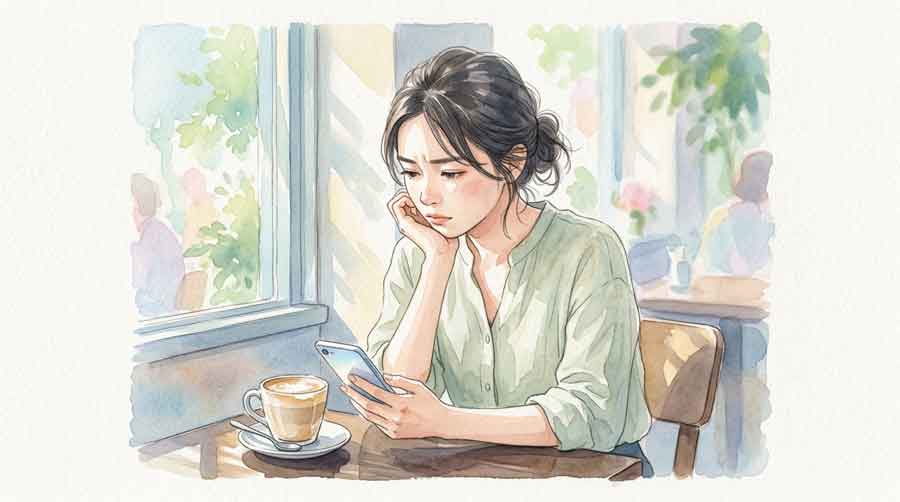 スマートフォンを見ながら真剣に考え込む日本人女性、夏の明るいカフェにて