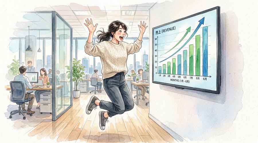 グラフが表示された画面を見ながら驚いた表情の女性、明るいオフィスにて