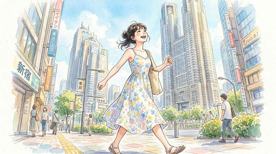 夏の東京の都市景観を背景に自信ある表情で歩く女性