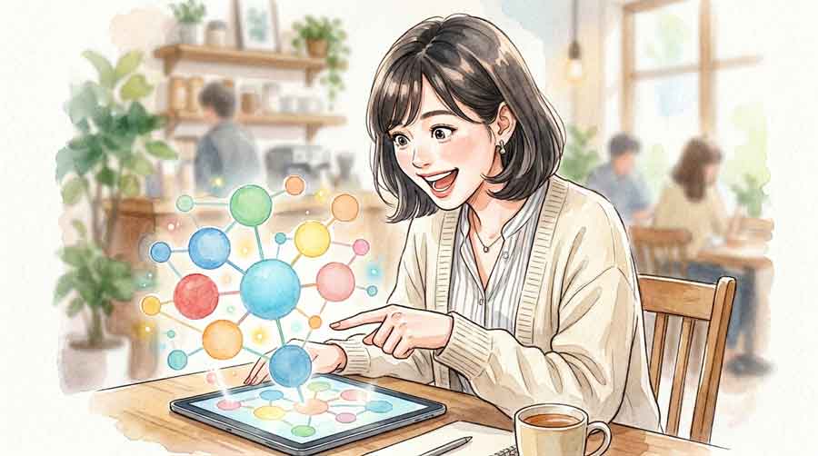 タブレット画面の複数AI連携イメージを見て感心している女性