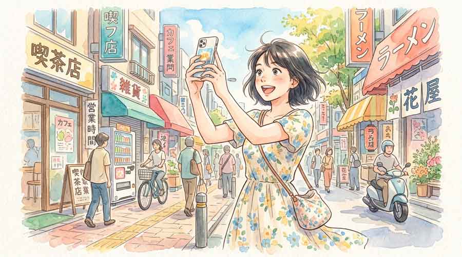 スマートフォンを手に驚いた表情で夏の街角に立つ若い日本人女性