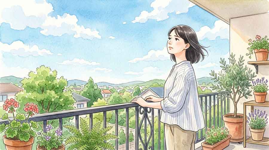 空を見上げながら何かを考える女性のイラスト