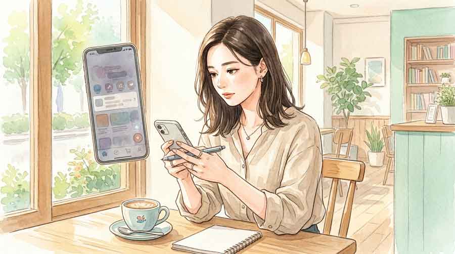 カフェでスマートフォンのプランを確認しながら考える女性のイラスト