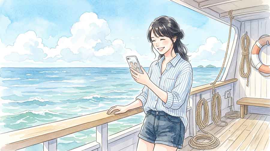 海の上でスマートフォンで家族とビデオ通話する女性のイラスト