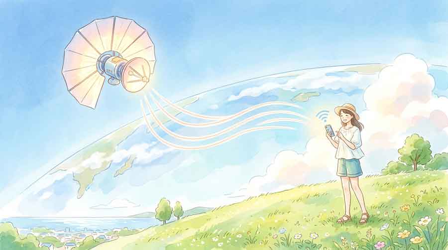 宇宙の衛星から地上のスマートフォンへ電波が届くイラスト