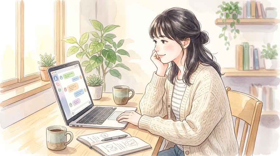 ノートパソコンでAIに指示を出しながら考える女性のイラスト
