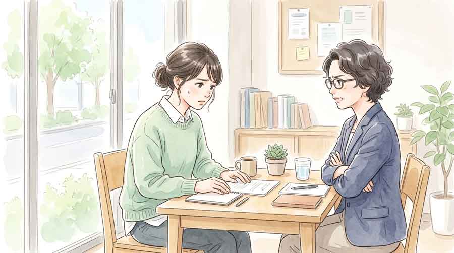会議で意見がぶつかって困り顔の女性のイラスト