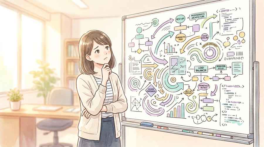 専門用語だらけのホワイトボードの前で困惑する女性のイラスト