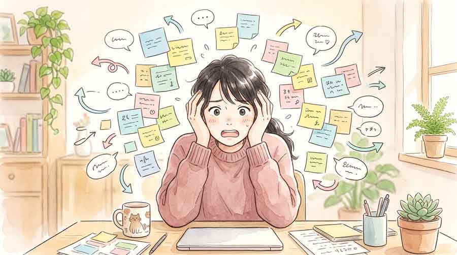 頭の上に情報が溢れてオーバーフローするイメージで困惑する女性のイラスト