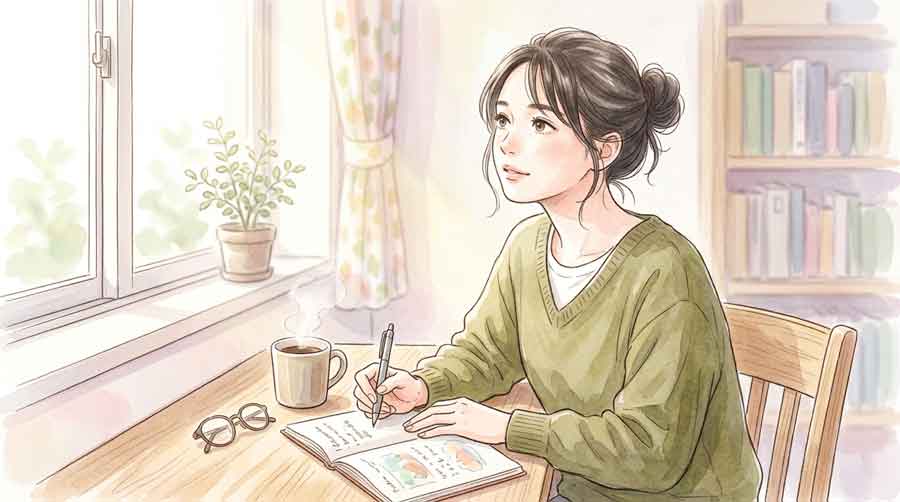 デスクの前でノートを広げ考え込む表情の女性のイラスト