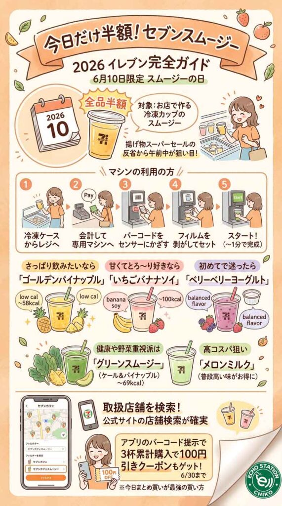 今日だけ半額!セブンスムージーの買い方・おすすめ・取扱店舗を全部まとめてみたインフォグラフ