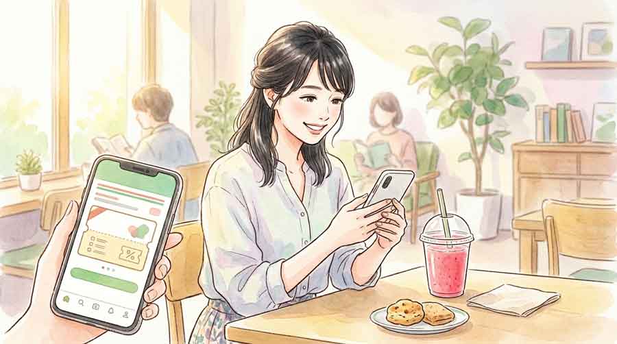 セブンイレブンアプリのクーポン画面をスマートフォンで確認している女性のイラスト