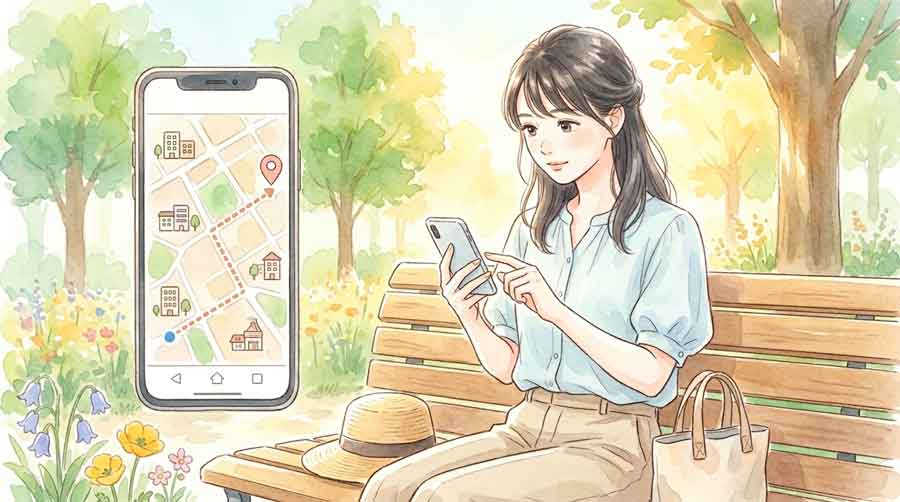 スマートフォンの地図アプリでセブンイレブンの取扱店舗を検索している女性のイラスト
