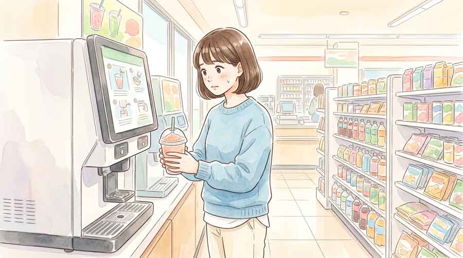 セブンイレブンのスムージー専用マシンの前で操作手順を確認している女性のイラスト