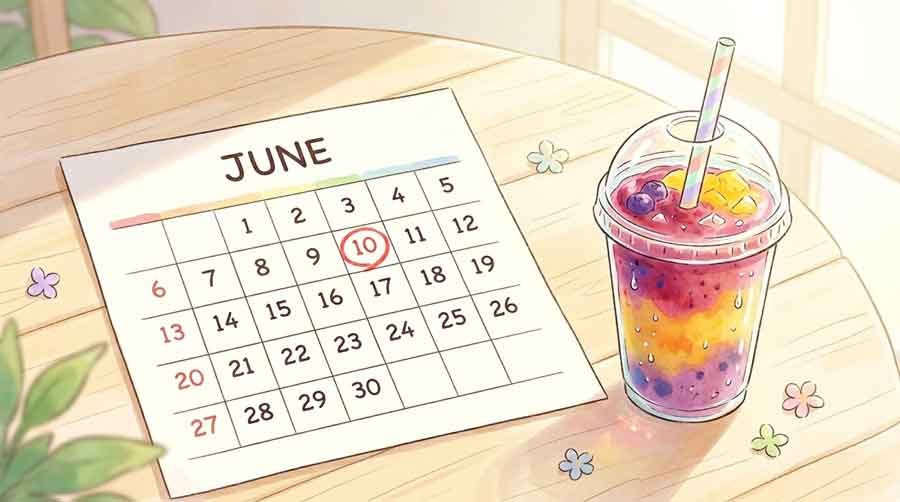 カレンダーの6月10日にマーカーが引かれ、スムージーのカップが置かれているイメージイラスト
