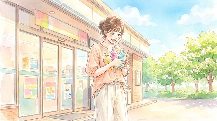 セブンイレブンのスムージー各種が並ぶ冷凍ケースと、それを見てワクワクしている女性のイラスト title: セブンスムージー半額セールに心躍る女性