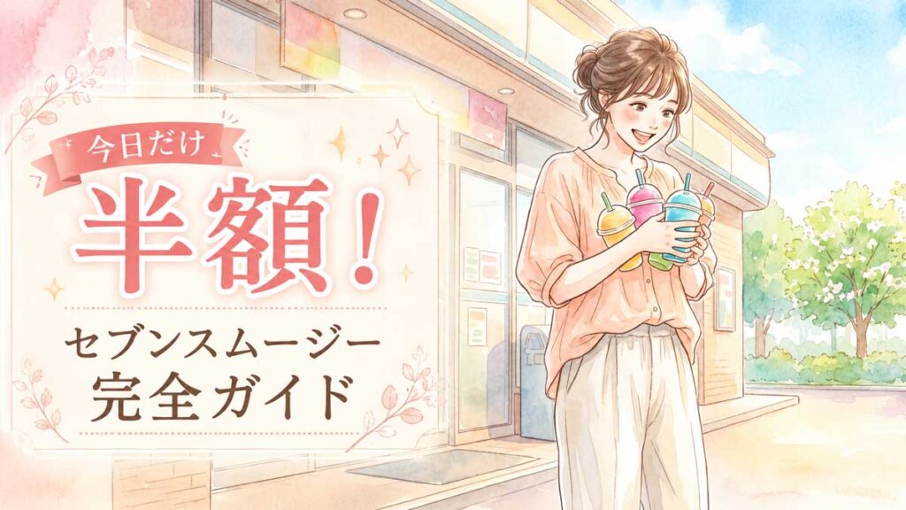 セブンイレブンのスムージー各種が並ぶ冷凍ケースと、それを見てワクワクしている女性のイラスト title: セブンスムージー半額セールに心躍る女性