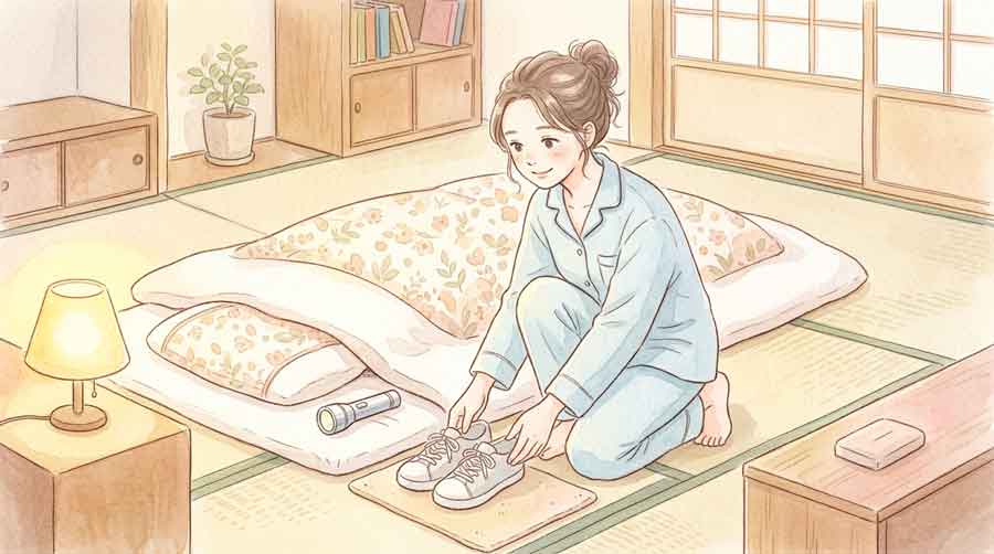 枕元に懐中電灯とスニーカーを置いて就寝準備をする女性 