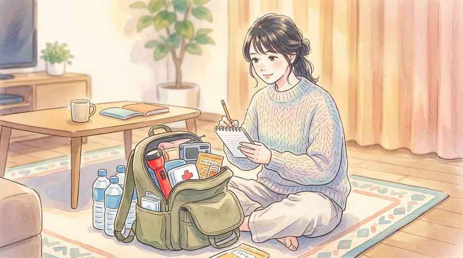 家の中で懐中電灯と非常用リュックを確認する女性