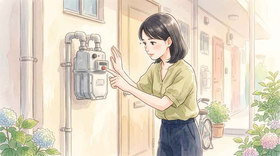 屋外のガスメーターのボタンを操作する女性
